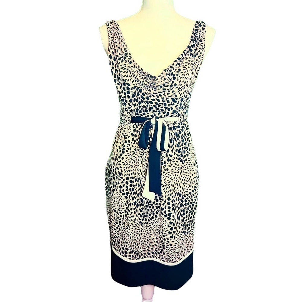 BCBGMaxAzria Taupe, White, Black Floral Print Jersey Knit Belted Cowl Neck Dress